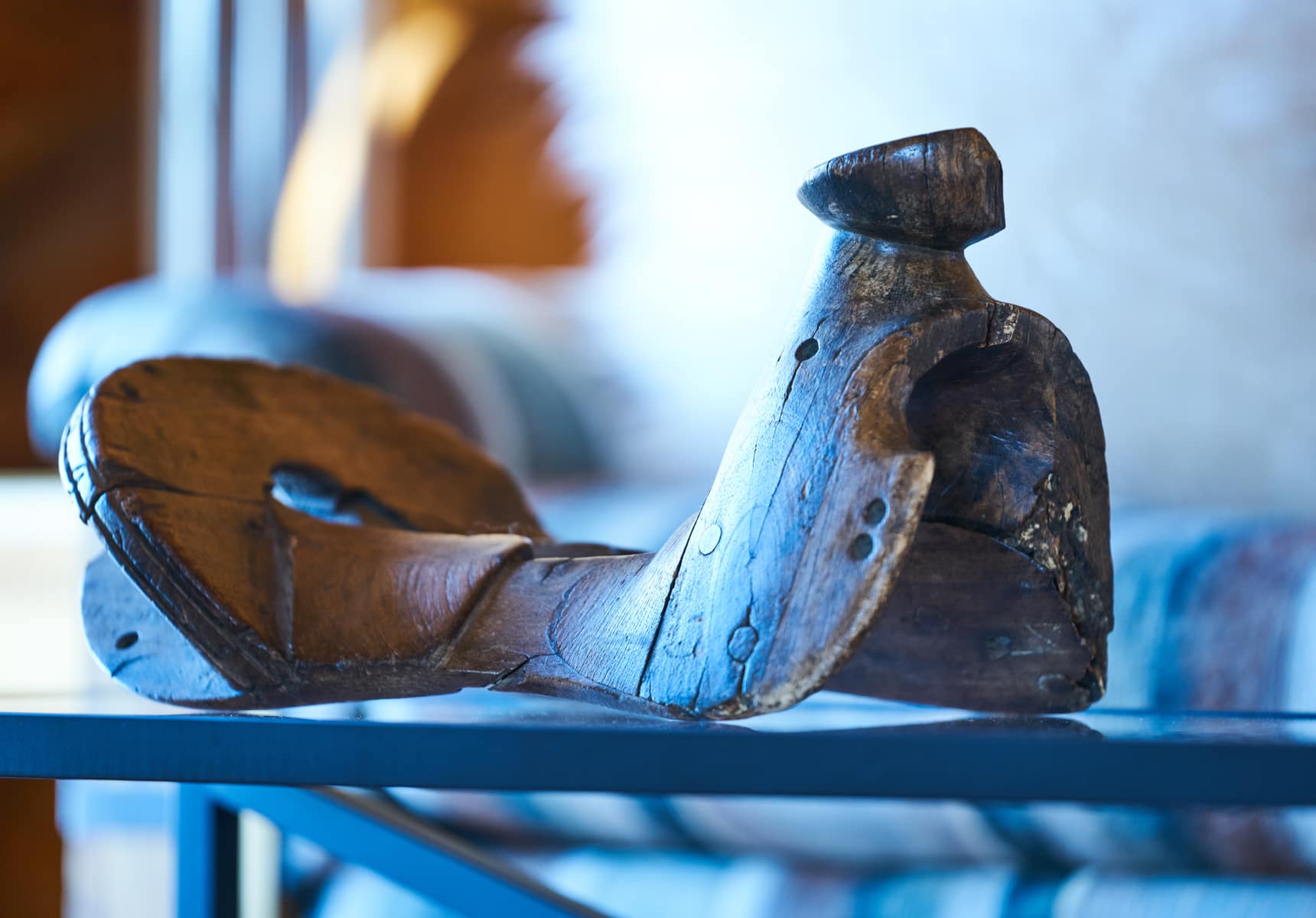 A decorative wooden saddle