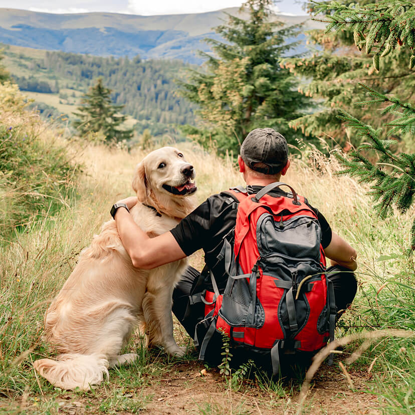 man and dog hiking in mountains
