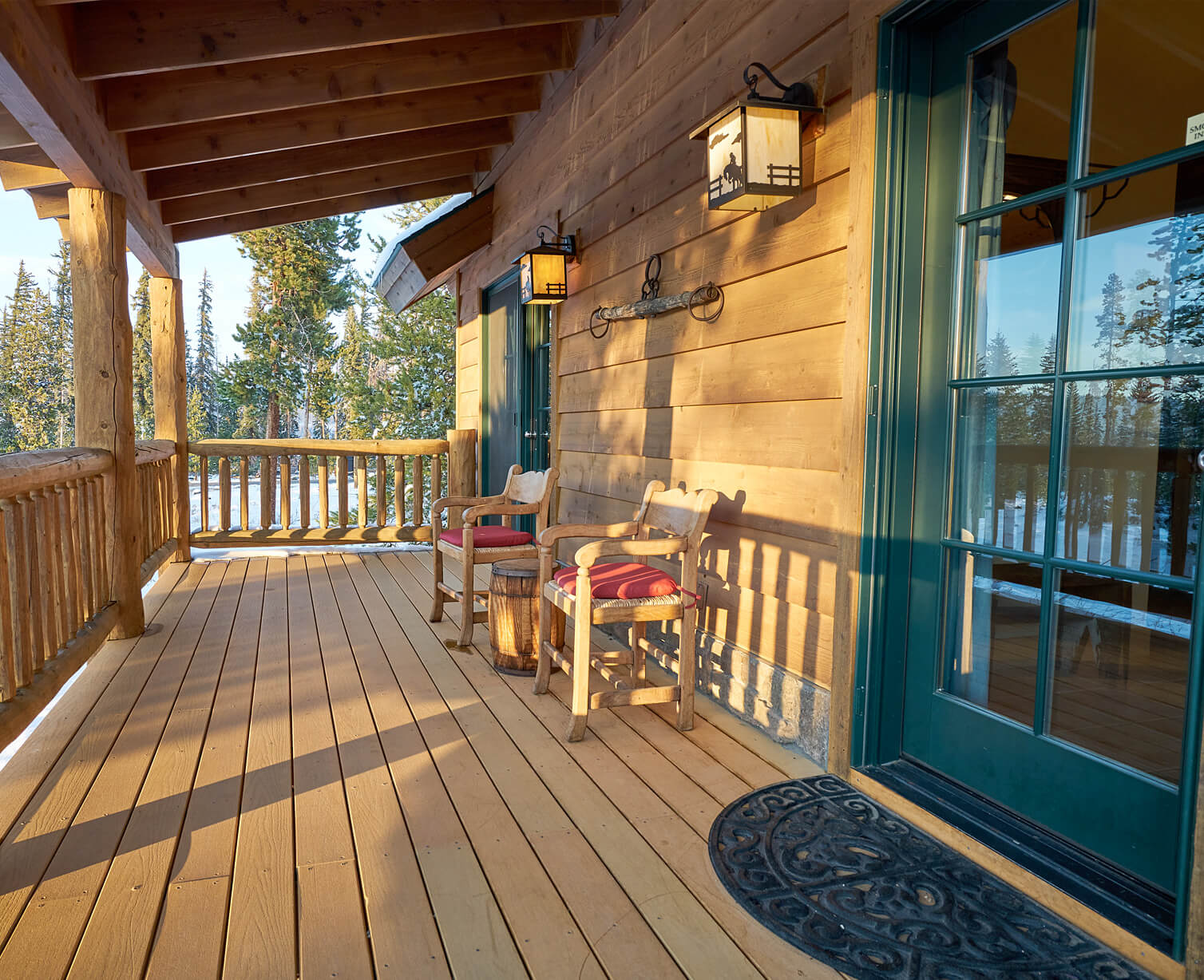 log cabin porch with chairs